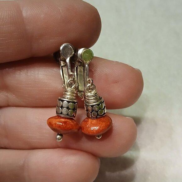 Sterling Silver Red Jasper Dangle Earrings - CLIP ON! - Picture 1 of 6